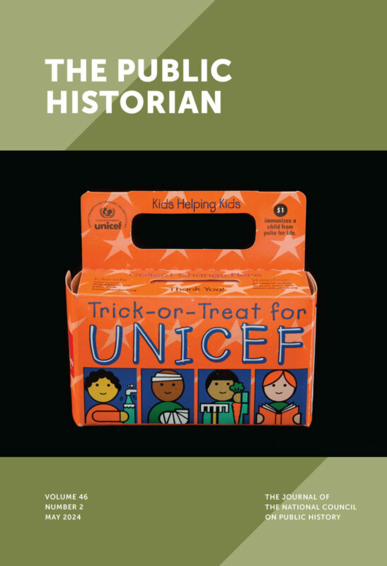 Cover of journal features an orange-themed cardboard box with a carrying handle and a slot on the top for coins. The front of the box reads: "Trick-or-Treat for UNICEF." There are four separate cartoon drawings of children.