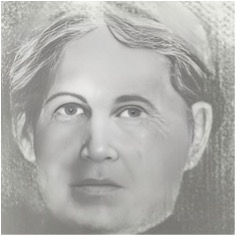 A closely cropped, black and white image of a woman. She has her hair up, and her skin is light.