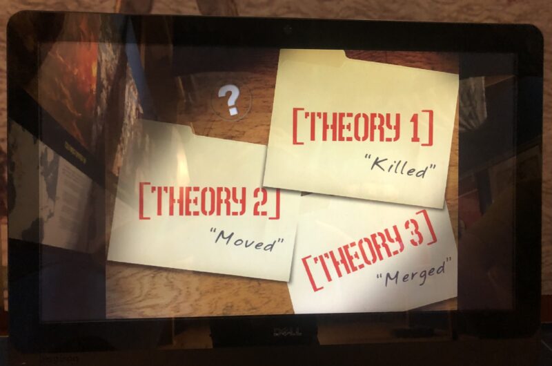 Three case files, reading "Theory 1: Killed," "Theory 2: Moved," and "Theory 3: Merged"