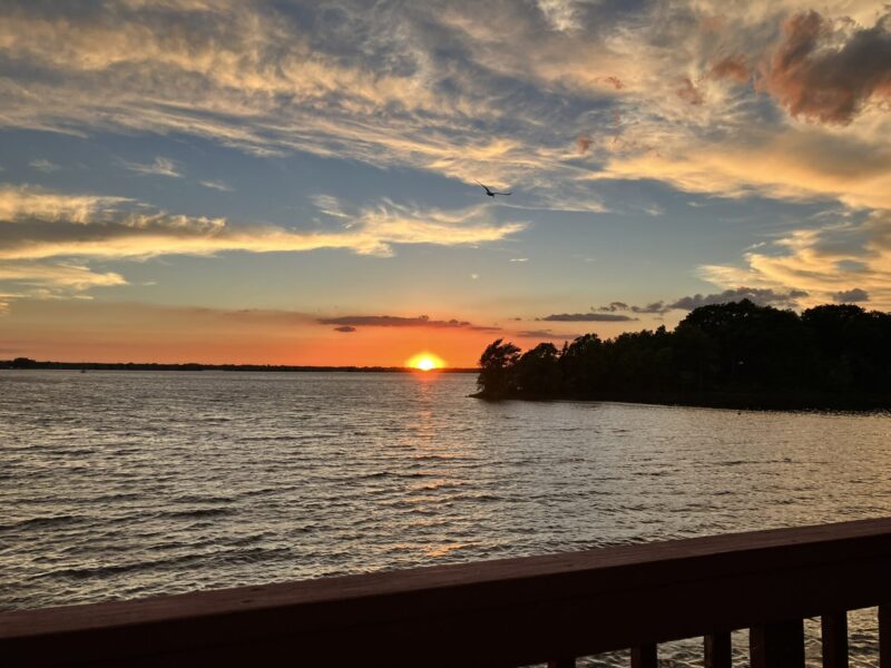 sunset over a body of water and tree line