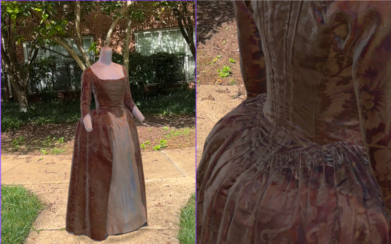 Two photos presented side by side. On the left is a brown antique dress with a silk skirt in front on a headless, handless mannequin. It is standing on the sidewalk with a tree in the background. On the right is a close up of the construction of the back of the dress, showing various stitching and structure.